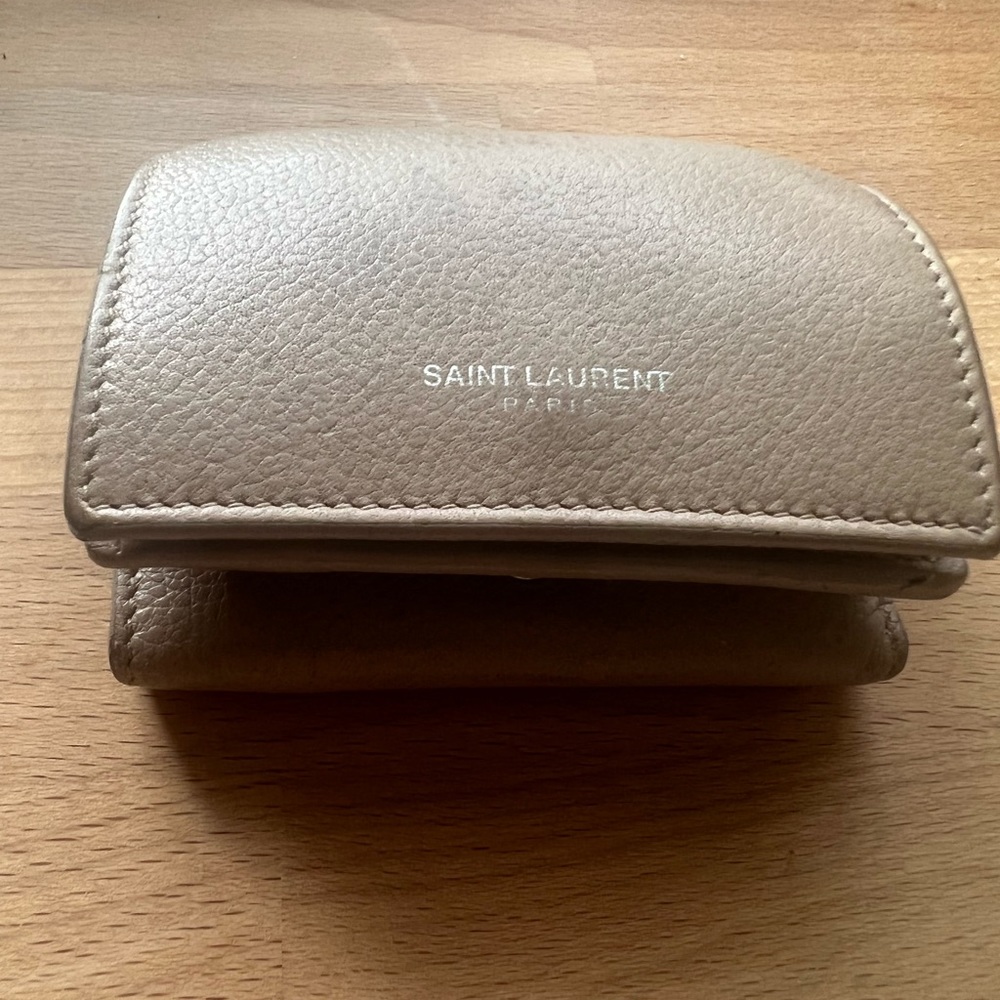 Saint Laurent Purse Tri-Fold Calf Leather Beige Wallet
